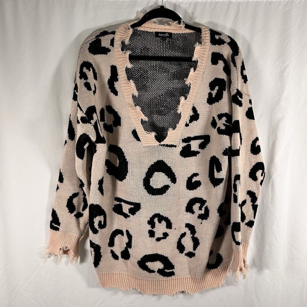 Amaryllis Sweater Women's Large Pink Cheetah Knit Long Sleeve Pullover